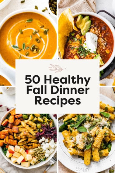 Collage of four photos: butternut squash soup, turkey chili, harvest bowl and pumpkin pasta.