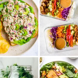 Collage of four photos: tuna salad, noodle prep bowls, lentil and kale salad jar, and a superfood salmon salad.