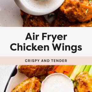 Hand dipping an Air Fryer Chicken Wing into ranch. Photo below of the wings on a platter served with ranch, carrot sticks and celery.