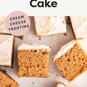 Square slices of applesauce cake topped with cinnamon cream cheese frosting.