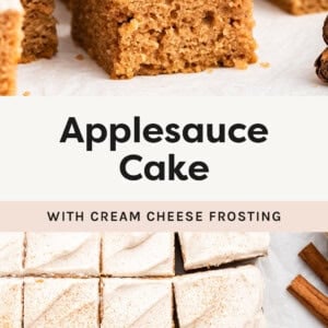 Two photos of square slices of applesauce cake topped with cinnamon cream cheese frosting.