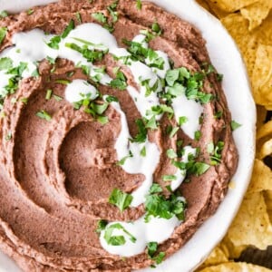 A bowl of black bean dip surrounded by tortilla chips.