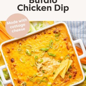 Dish with buffalo chicken dip, served with tortilla chips.