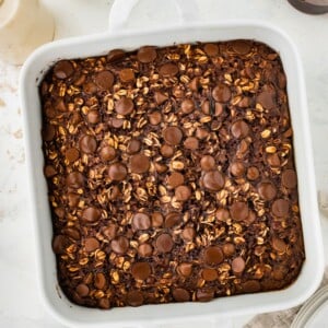 A baking dish containing cauliflower brownie baked oatmeal.