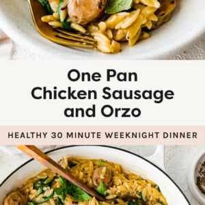 Chicken sausage orzo on a plate with a fork, and a photo of the orzo dish in a skillet with a wooden spoon.