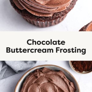 Chocolate Buttercream Frosting on a cupcake and a photo of the frosting in a bowl with a spatula.