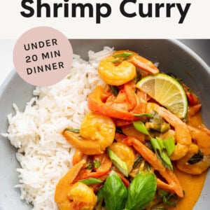 Coconut Shrimp Curry served in a bowl with rice.