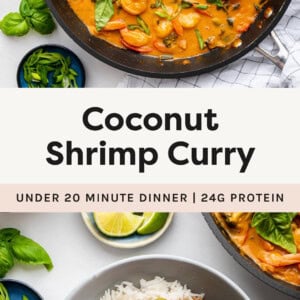 Coconut Shrimp Curry in a skillet, and a photo of the curry in a bowl served with rice.