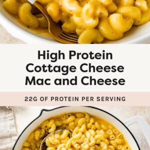 Bowl of mac and cheese, and a photo of the mac and cheese in a pot with a wood spoon.