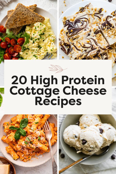 Collage photos of cottage cheese scrambled eggs, cottage cheese bark, cottage cheese pasta and cottage cheese ice cream.