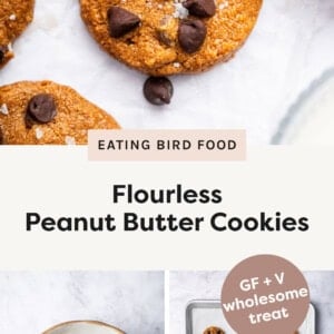 Flourless Peanut Butter Cookie topped with chocolate chips and a salt. Photo below shows a mixing bowl with the ingredients to make the cookies, and a photo of the cookies baked on a cookie sheet.