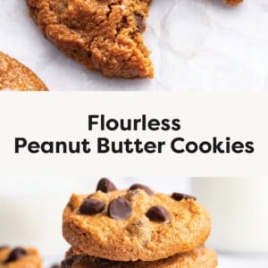 Flourless Peanut Butter Cookie with a bite taken from it, and a stack of cookies in another photo.
