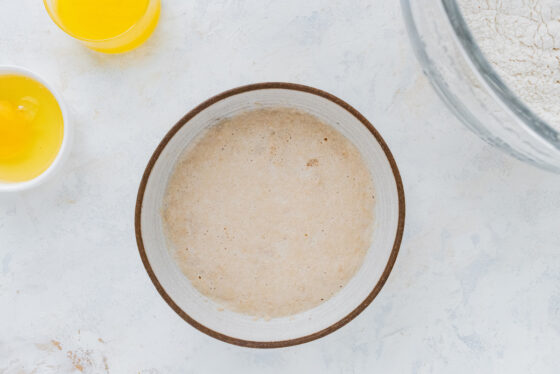 Yeast and milk in a bowl.