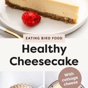 Slice of Healthy Cheesecake topped with raspberries. Photos below show graham cracker crumb crust mixture in a bowl, and the cheesecake mixture in a food processor.