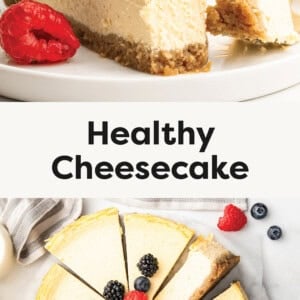 Slice of Healthy Cheesecake topped with raspberries and a fork has taken a bite out of the cheesecake. Photo below is of the cheesecake with slices cut and berries on top.