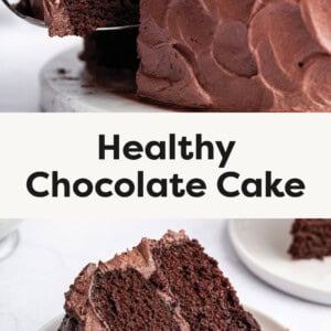 Spatula lifting a slice of Healthy Chocolate Cake from the cake. Photo of a slice of Healthy Chocolate Cake on a plate.