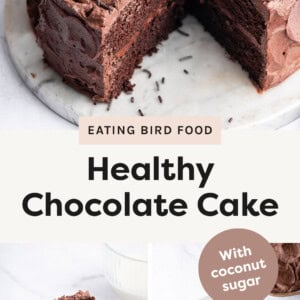 Photo of a Healthy Chocolate Cake with a slice cut from it, photo of a slice of cake on a plate, and a photo of a hand spreading chocolate buttercream on the cake.