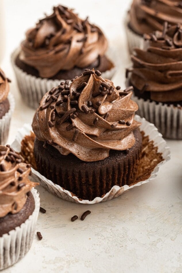 Unwrapped chocolate cupcake.