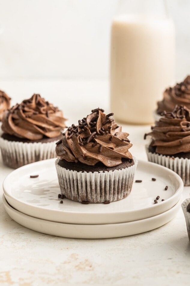 A chocolate cupcake on a plate.
