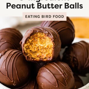 Chocolate covered peanut butter balls in a bowl with one ball having a bite taken from it.