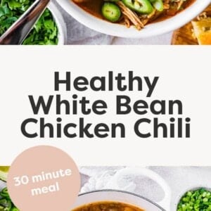 A bowl of white bean chicken chili with a spoon. Below is a pot of the chicken chili.