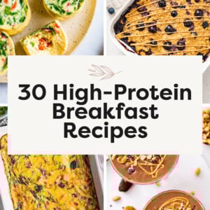 Collage of breakfast items: egg cups, protein baked oatmeal, hash brown casserole, chocolate protein smoothie.