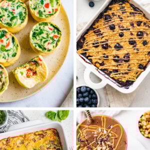 Collage of breakfast items: egg cups, protein baked oatmeal, hash brown casserole, chocolate protein smoothie.