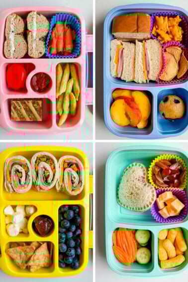 Four bento style kid's lunch boxes filled with different snacks, sandwiches and fruits.