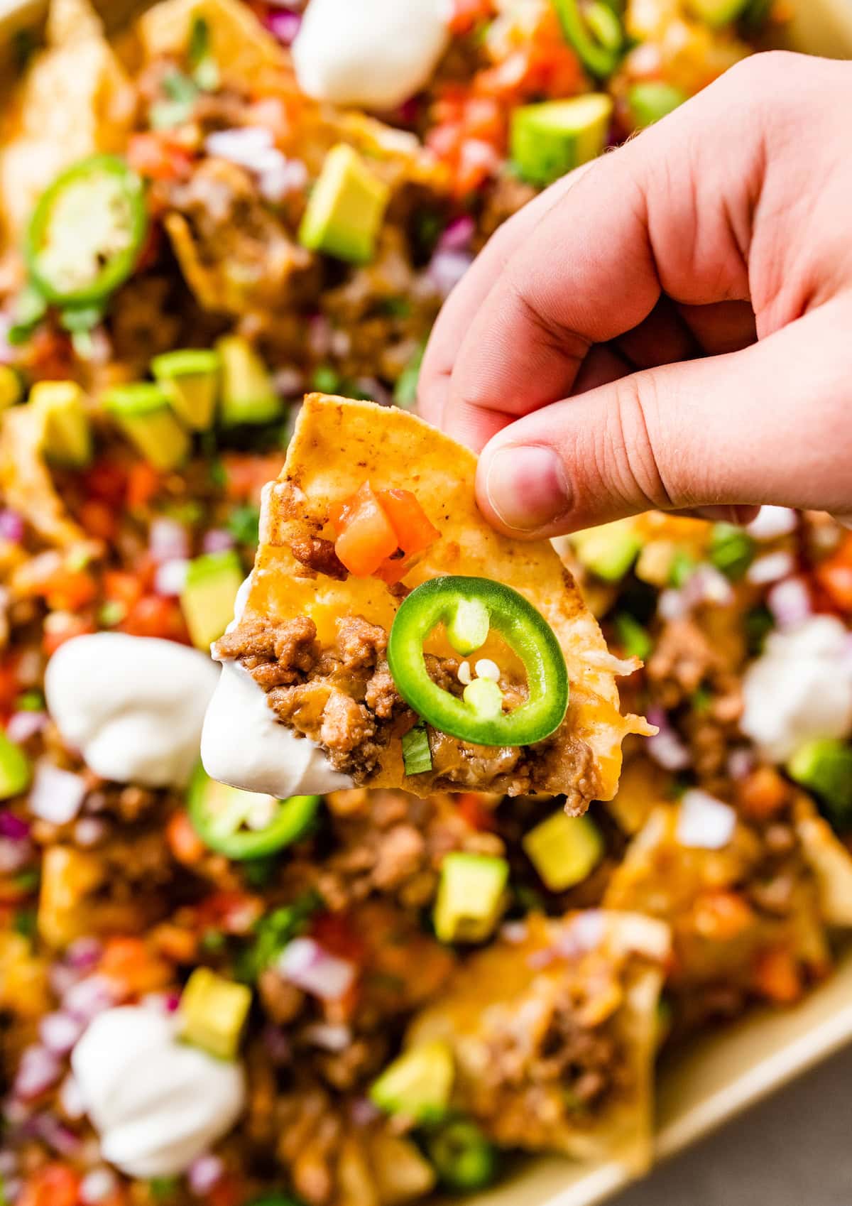 A hand holds a chip from a plate of nachos. The chip has meat, sour cream, cheese, and jalapeño.