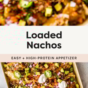 Hand holding a nacho topped with ground meat, tomato, jalapeño, cheese and sour cream. Photo below is of the loaded nachos on a sheet pan with a hand going in to take one off the pan.