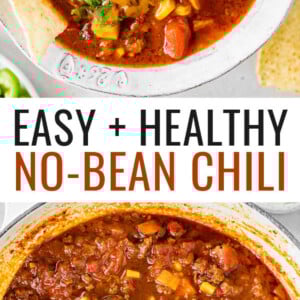 A bowl of no bean chili topped with cheese, jalapeños, avocado, sour cream and chips. Photo below is of the chili in a dutch oven pot.