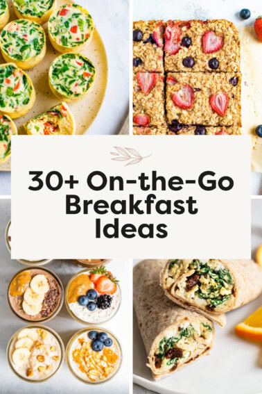 Collage of egg bites, oatmeal bars, overnight oats and an egg breakfast wrap.
