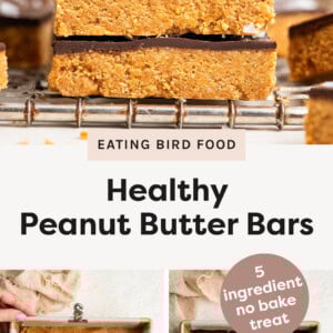 Stack of three Healthy Peanut Butter Bars and two photos showing the process to make the bars: pressing the peanut butter mixture into the pan and topping with chocolate.