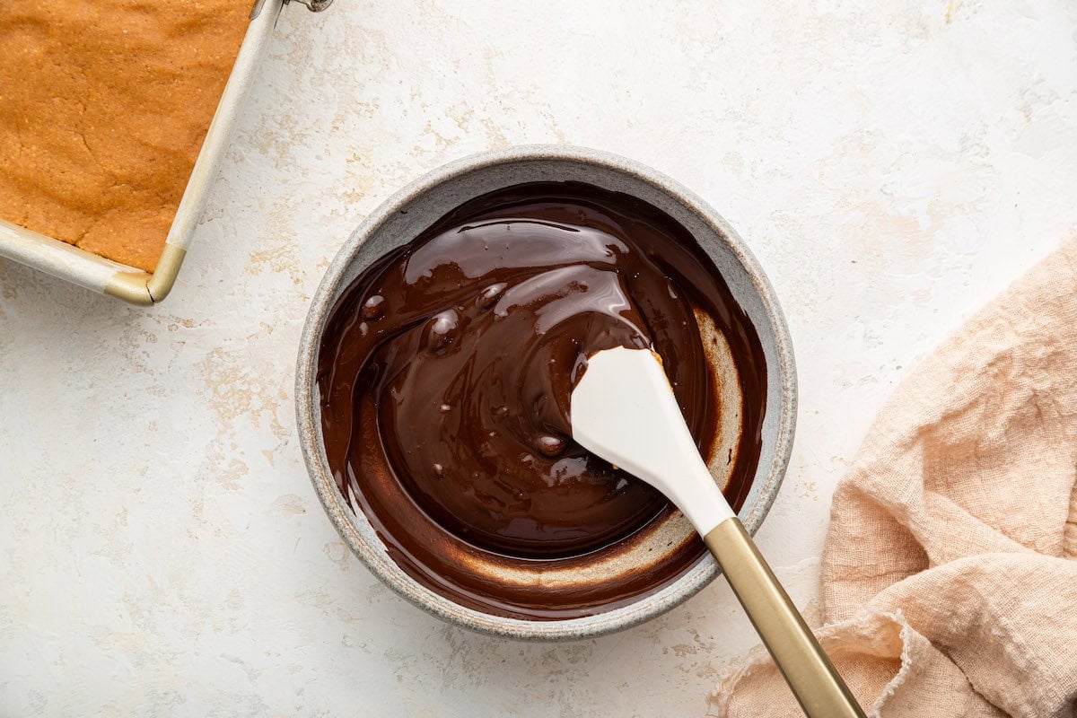 Melted chocolate in a small mixing bowl with a white spatula.