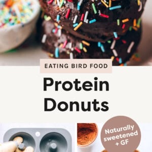 Stack of three chocolate frosted vanilla Protein Donuts. The top one has a bite taken from it. Two photos below shoe the donut batter being piped into a donut pan and a photo of chocolate glaze in a bowl.