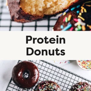 Protein Donut with a bite taken from it. Photo of the donuts on a rack, dipped in chocolate and topped with sprinkles.
