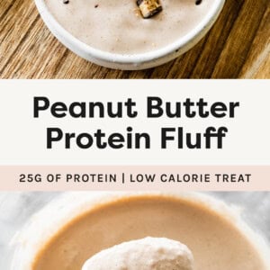 Bowl of Peanut Butter Protein Fluff topped with chopped peanut butte cup. Photo below is a spoon with a bite of the fluff from a food processor.