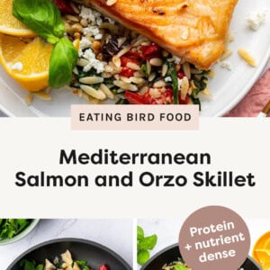 Salmon on a plate served over a bed of veggie orzo. Photo of veggies in a skillet, and photos of salmon over the orzo in the skillet.