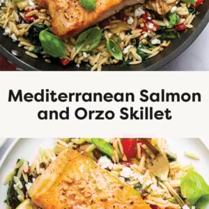 Two salmon filets in a skillet over a bed of veggie-packed orzo. Photo below shows salmon on a plate served over the orzo.