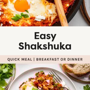 Shakshuka in a skillet-- veggies topped with sunny-side-up eggs. Photo of a serving of the shakshuka on a plate with a slice of bread.