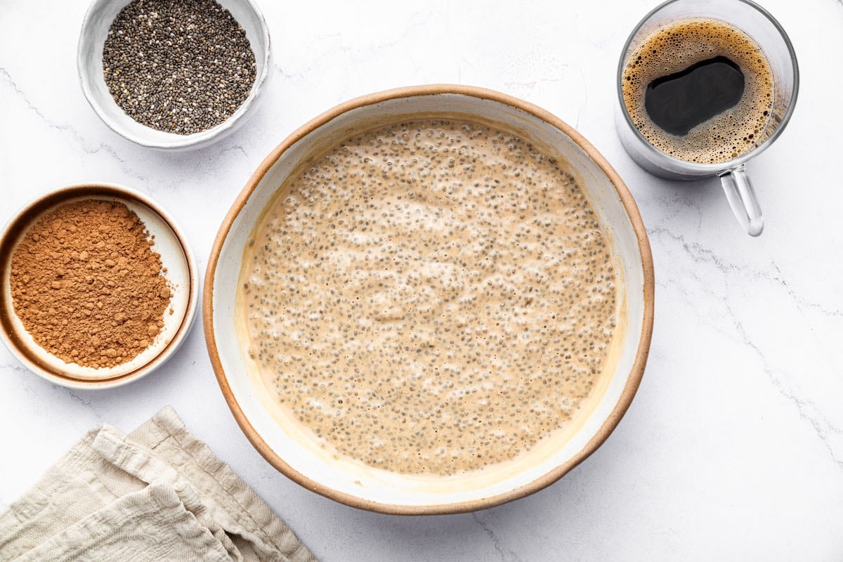 Tiramisu chia pudding in a large bowl.