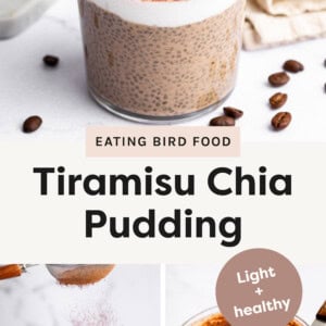 Three photos of Tiramisu Chia Pudding. One photo of cocoa powder being sifted on top of the pudding. Another photo of the pudding in a glass jar with a spoon in the glass. One photo of the spoon scooping out pudding from the glass jar.
