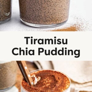Two photos of Tiramisu Chia Pudding. One photo of cocoa powder being sifted on top of the pudding. Another photo of the pudding in a glass jar with a spoon in the glass.