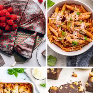 Collage of four recipe photos: flourless chocolate cake, pasta alla vodka, baked eggplant parmesan and black bean brownies.