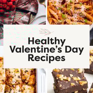 Collage of four recipe photos: flourless chocolate cake, pasta alla vodka, baked eggplant parmesan and black bean brownies.
