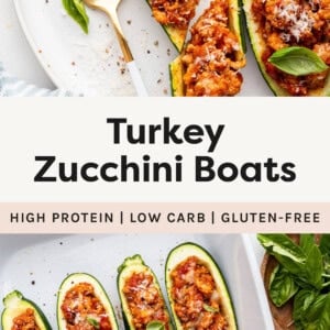 Photo of two Turkey Zucchini Boats on a plate. One is cut in half from a fork. Photo below is of four Turkey Zucchini Boats in a baking dish.